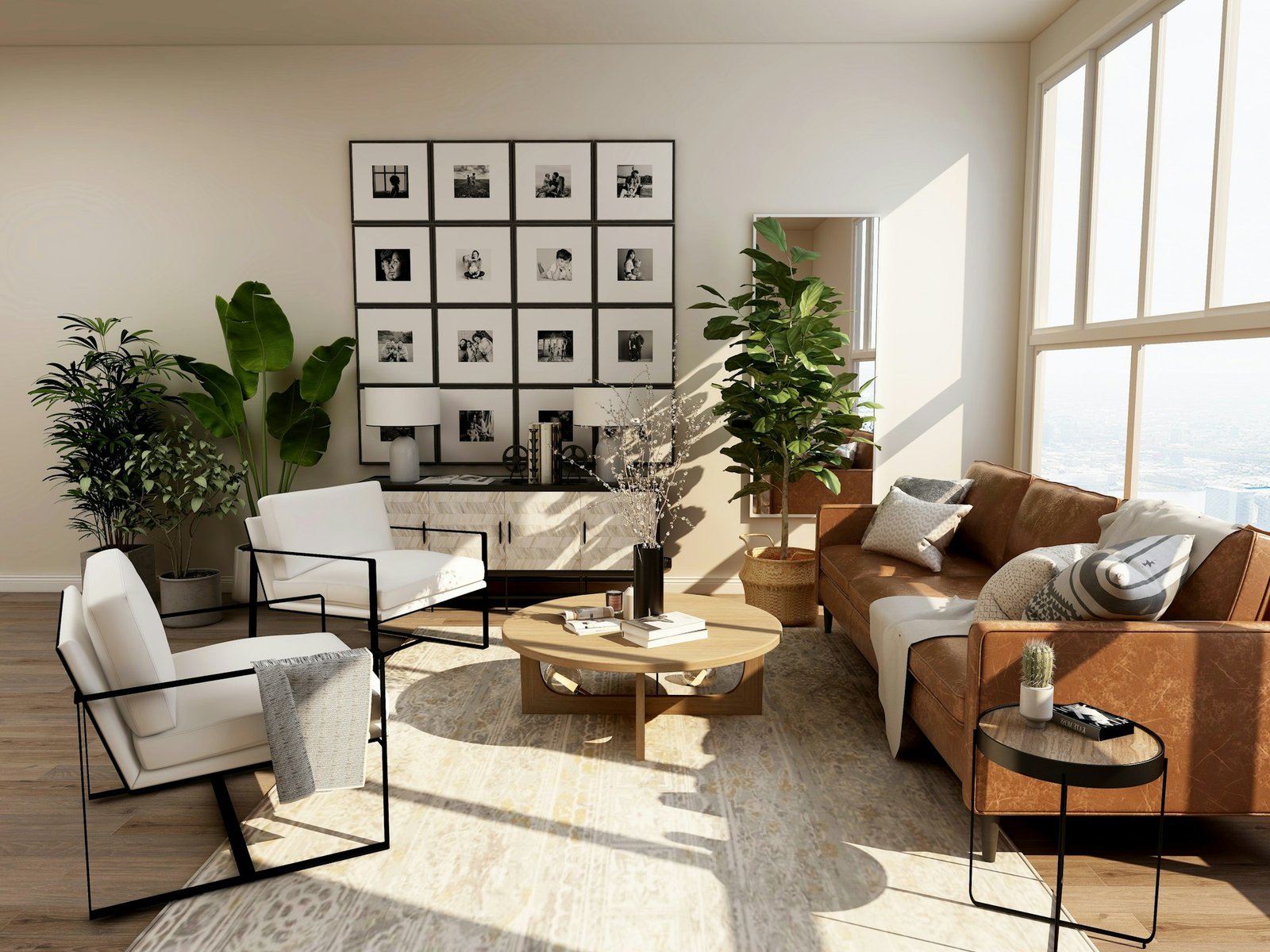 Sunlit living room with warm natural textures
