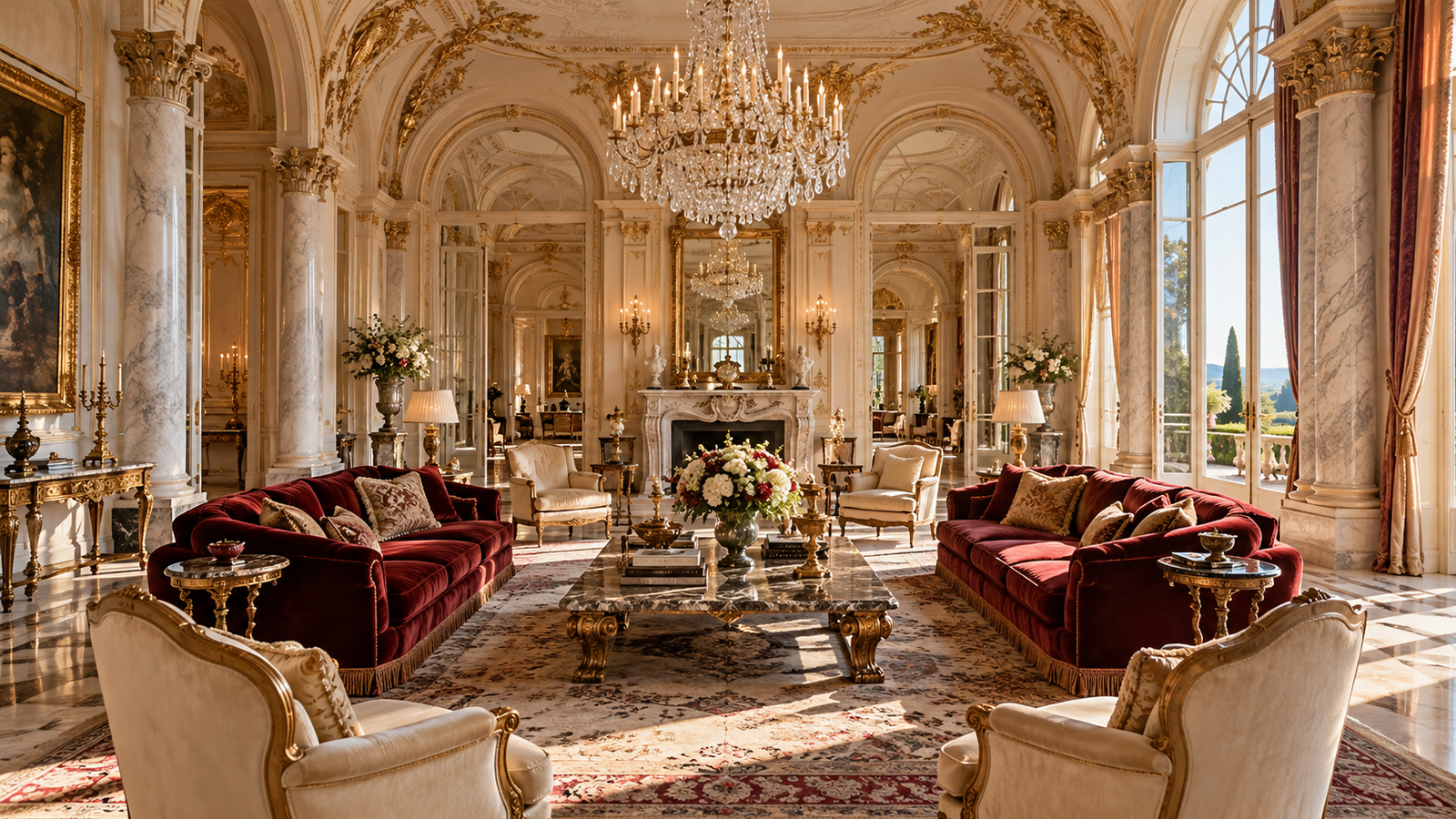 Conceptual palace salon with gilded arches, a crystal chandelier and burgundy velvet furnishings